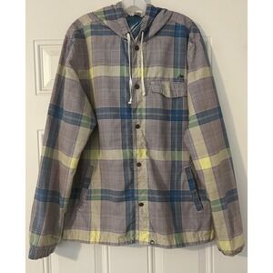 Men's Kirra Plaid Hooded Windbreaker Jacket Button Drawstring Blue Multi L